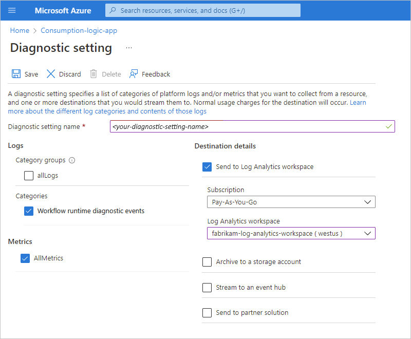 لقطة شاشة تعرض مدخل Microsoft Azure ومساحة عمل Log Analytics والبيانات التي يجب جمعها.