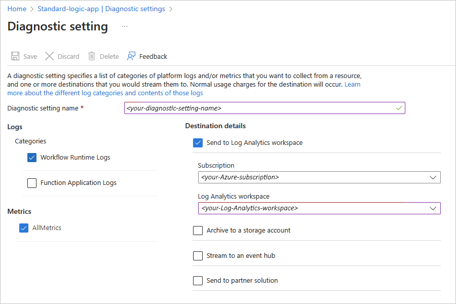لقطة شاشة تعرض مدخل Microsoft Azure وقائمة مورد تطبيق المنطق القياسي مع تحديد خيارات تحليلات السجل.