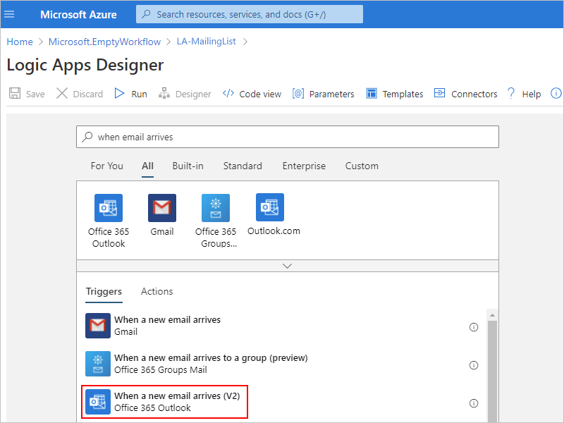 لقطة شاشة تعرض مربع البحث Logic Apps Designer الذي يحتوي على مصطلح البحث