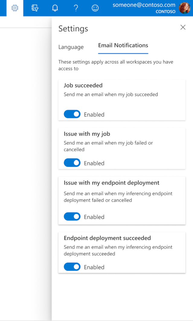 لقطة شاشة لإعدادات استوديو التعلم الآلي من Microsoft Azure في علامة التبويب إشعارات البريد الإلكتروني.