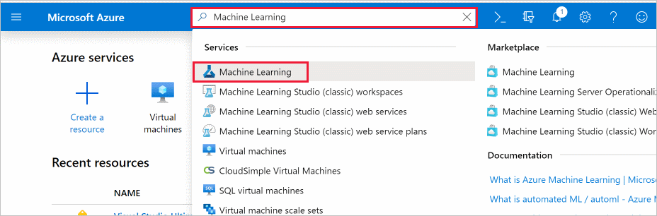 لقطة شاشة للبحث عن مساحة عمل Azure التعلم الآلي.