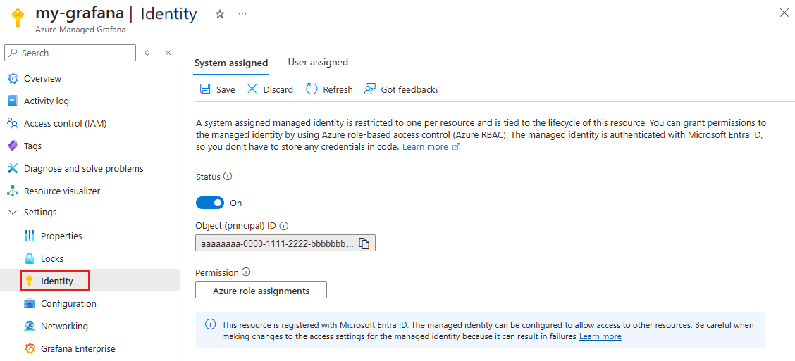 لقطة شاشة لمدخل Azure. تمكين هوية مدارة معينة من قبل النظام.