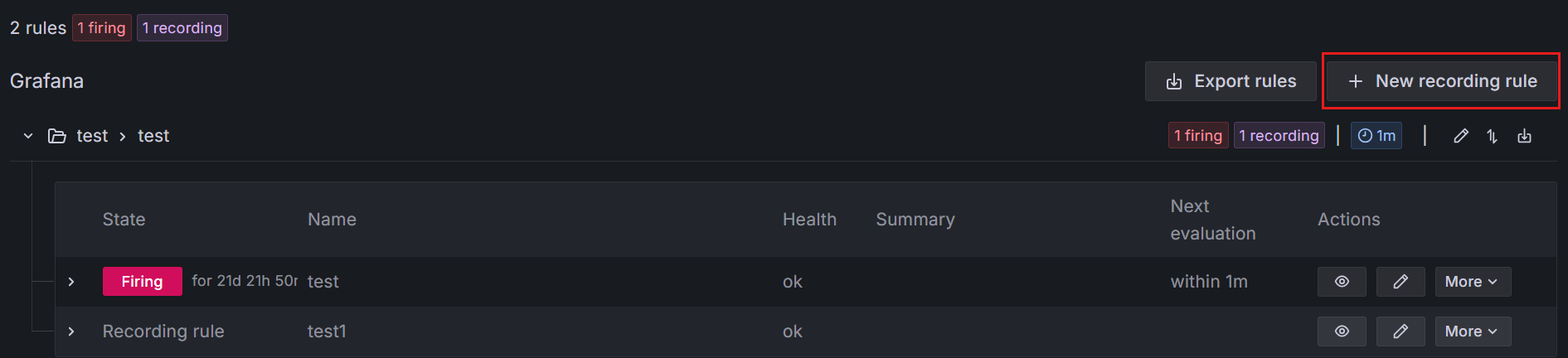 لقطة شاشة لصفحة قواعد التنبيه في Grafana مع تمييز زر قاعدة التسجيل الجديدة.