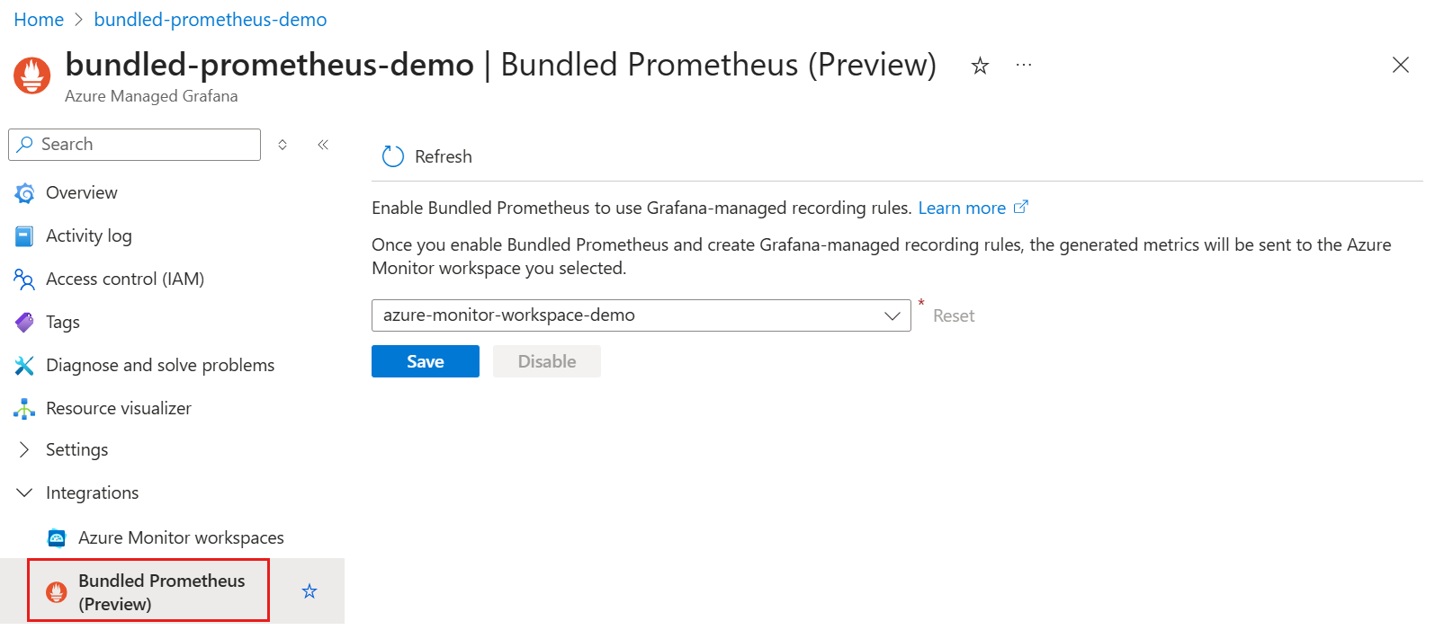 لقطة شاشة للنظام الأساسي Azure تعرض جزء تكامل Prometheus المجمع في Azure Managed Grafana.