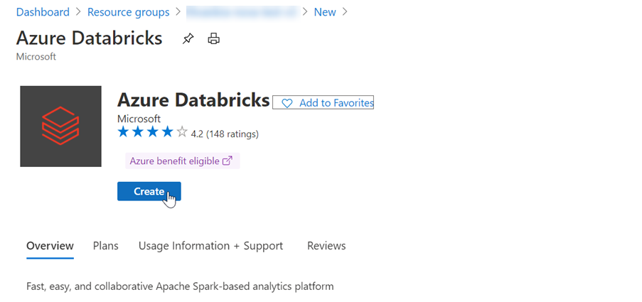 لقطة شاشة تعرض عرض Azure Databricks مع تحديد Create.