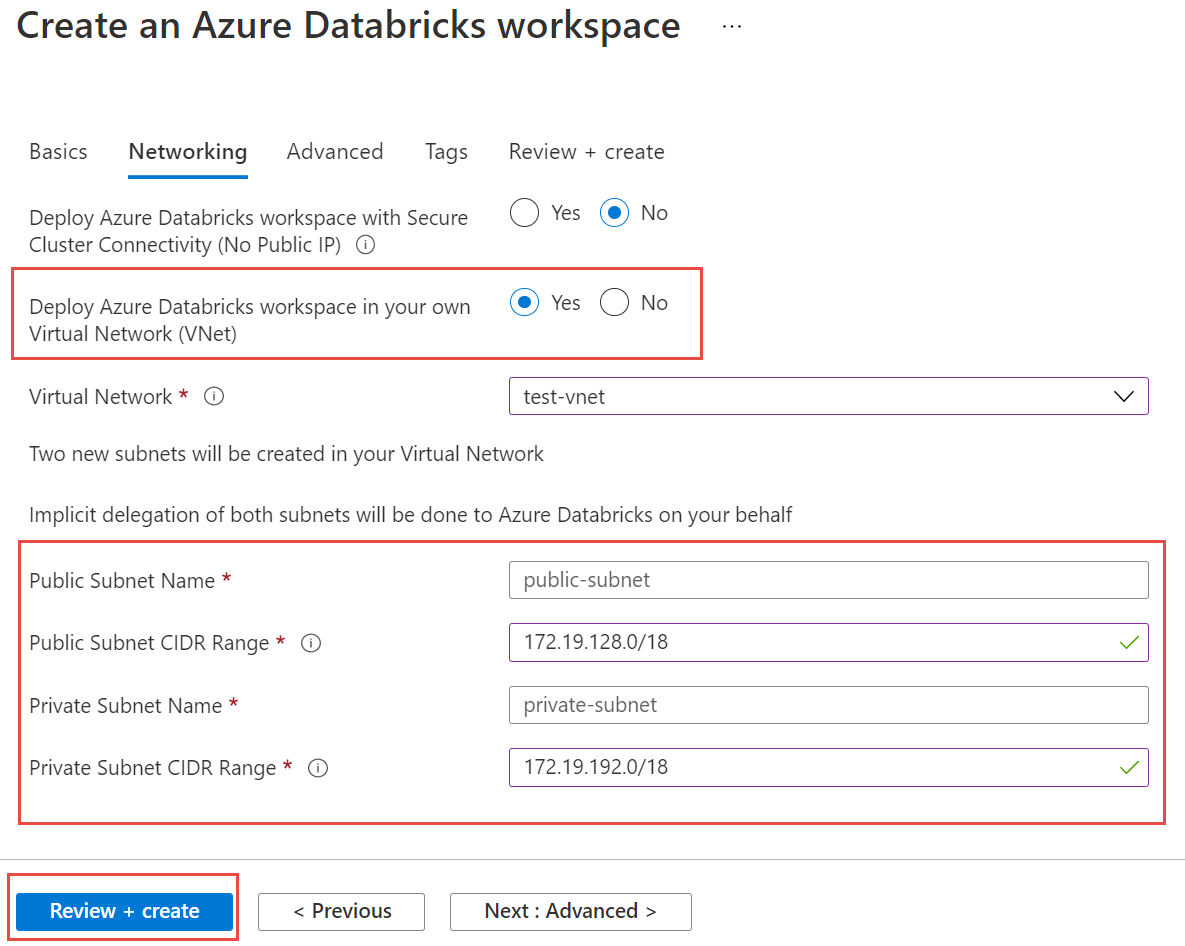 لقطة شاشة تعرض أسماء الشبكة الفرعية العامة والخاصة المحددة.