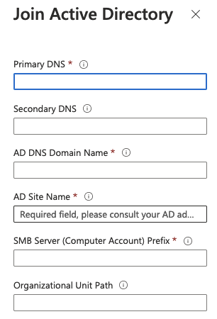 لقطة شاشة لحقول إدخال الانضمام إلى Active Directory.