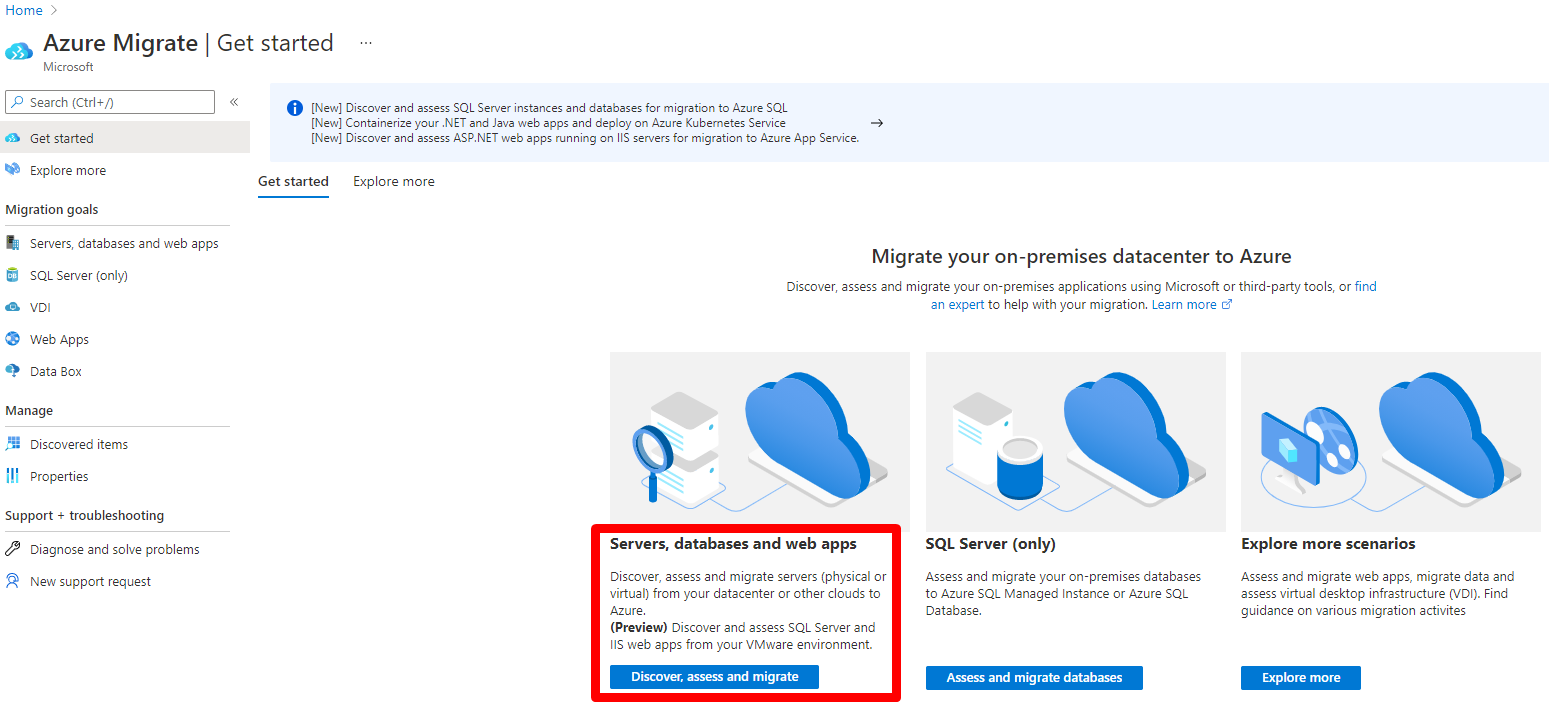 صفحة نظرة عامة Azure Migrate