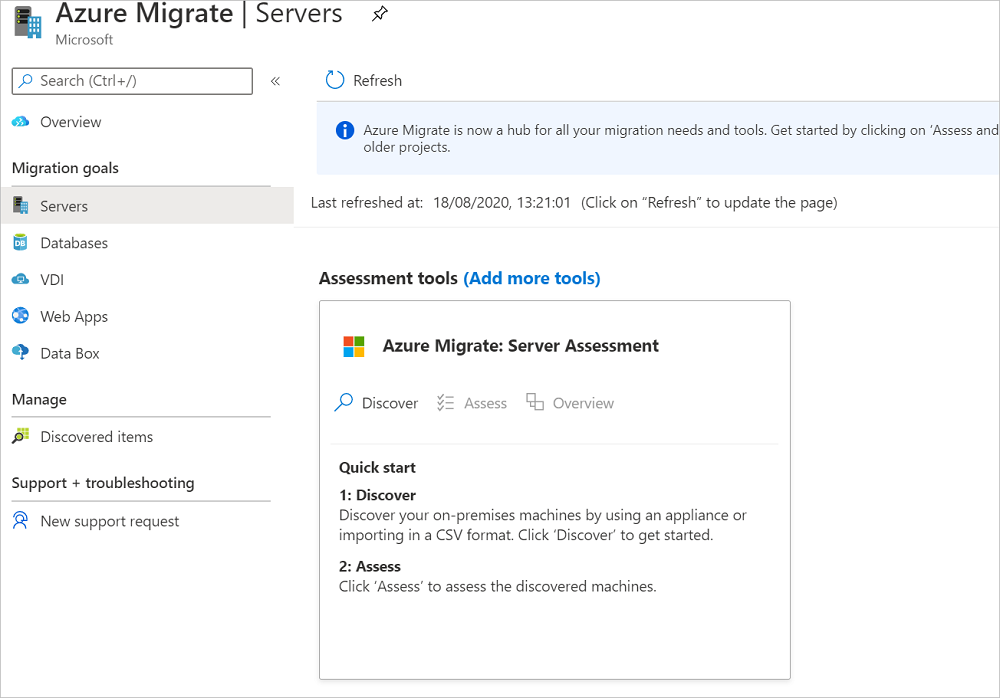 صفحة تعرض أداة Server Assessment المضافة بشكل افتراضي