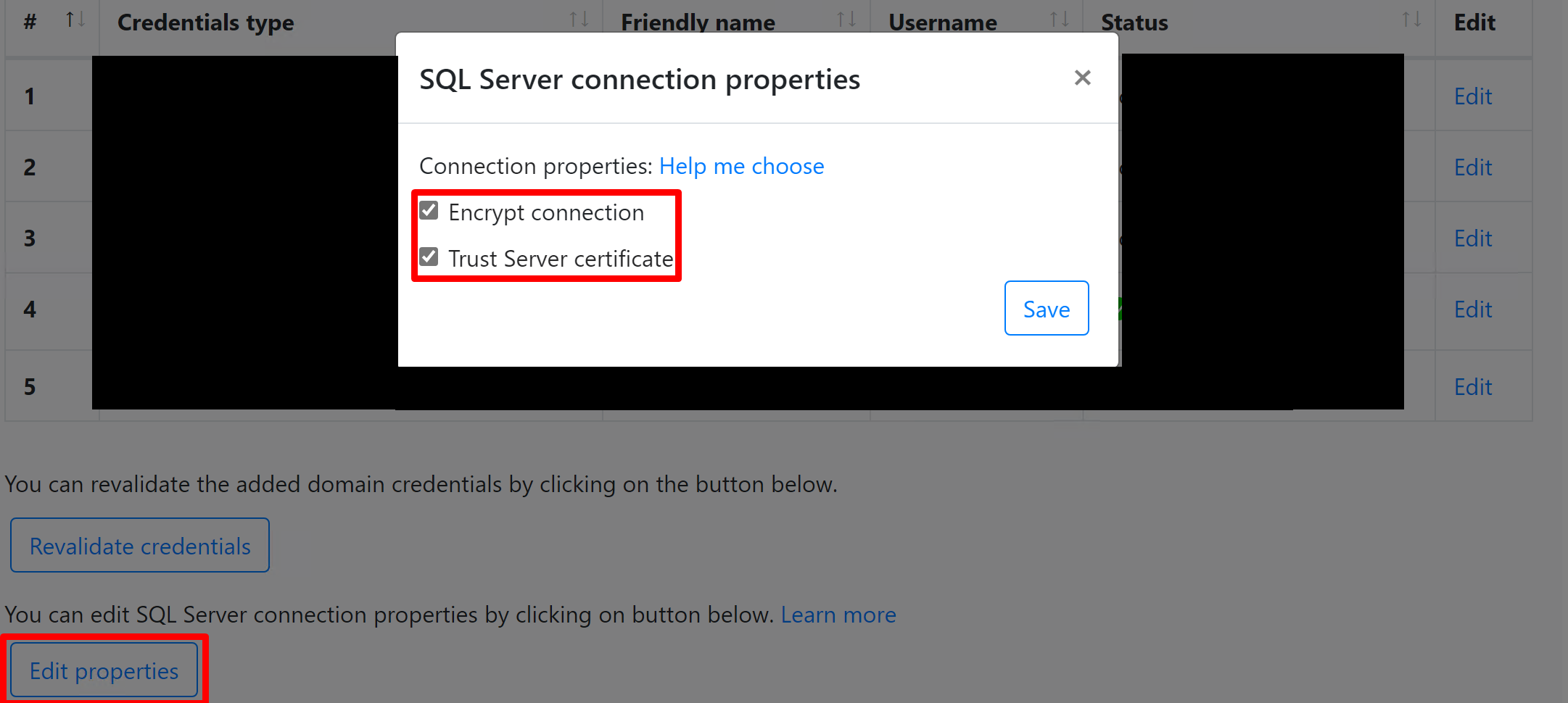 تُظهر لقطة الشاشة كيفية تحرير خصائص اتصال SQL Server.
