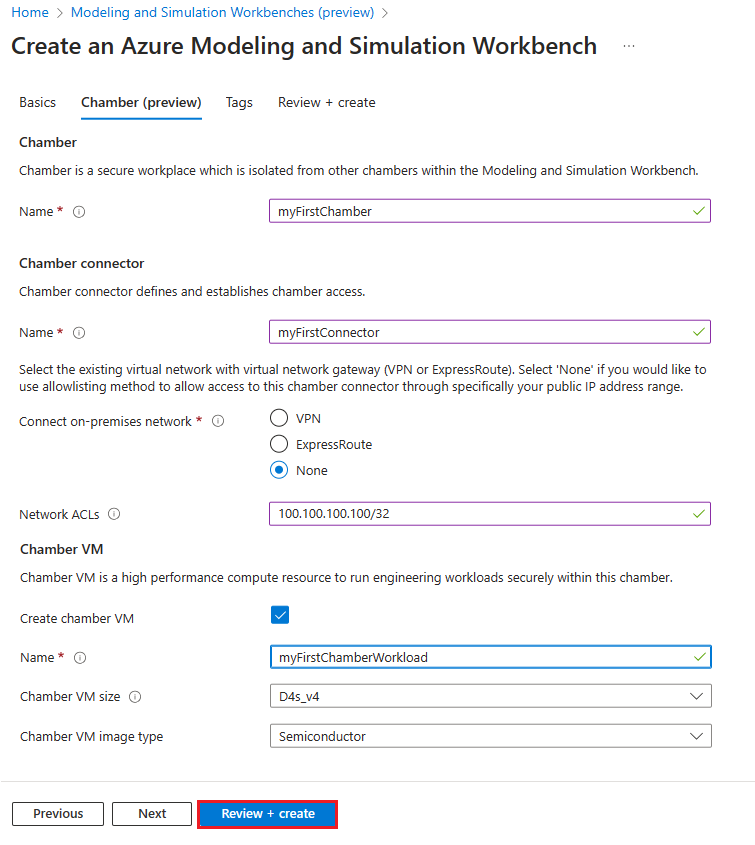 Screenshot of the Chamber details section showing where you type and select the values.