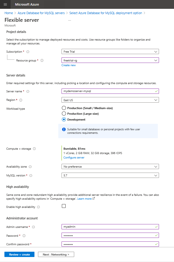 لقطة شاشة تعرض الإعدادات الأساسية لإنشاء مثيل خادم مرن لقاعدة بيانات Azure ل MySQL.