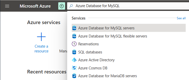 لقطة شاشة توضح كيفية البحث عن مثيل خادم مرن ل Azure Database for MySQL وتحديده في مدخل Microsoft Azure.