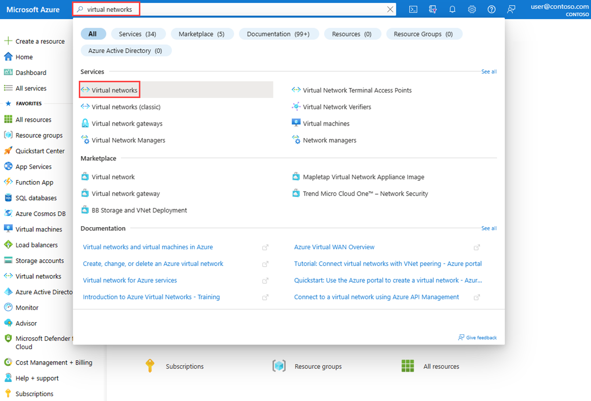 تظهر لقطة الشاشة البحث عن الشبكات الظاهرية في مدخل Microsoft Azure.