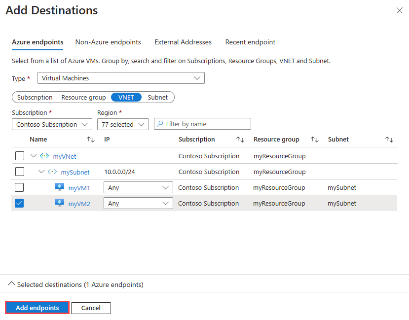 توضح لقطة الشاشة كيفية إضافة نقطة نهاية وجهة لمراقبة اتصال في مدخل Microsoft Azure.