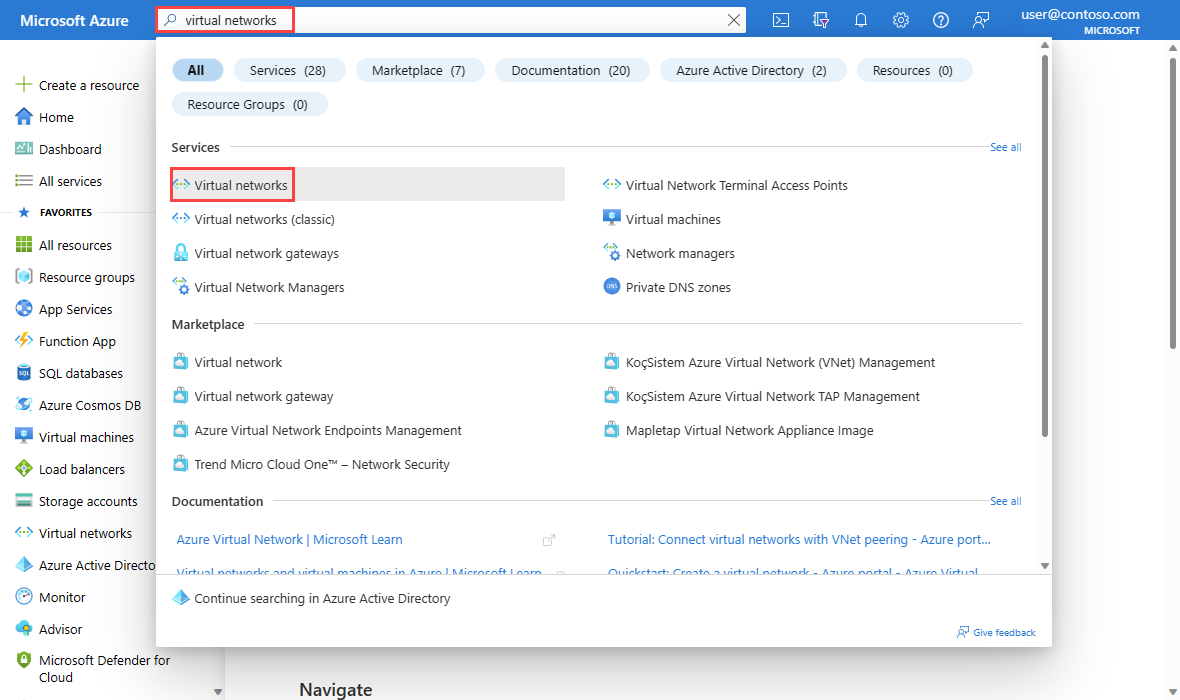 تظهر لقطة الشاشة البحث عن الشبكات الظاهرية في مدخل Microsoft Azure.