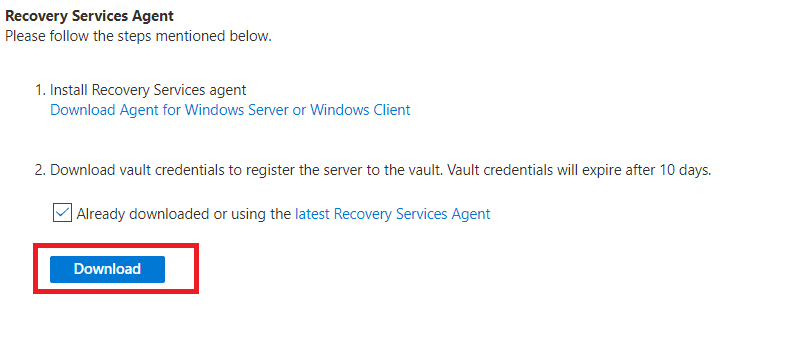 Screenshot showing how to download vault credentials to register the server in the vault.