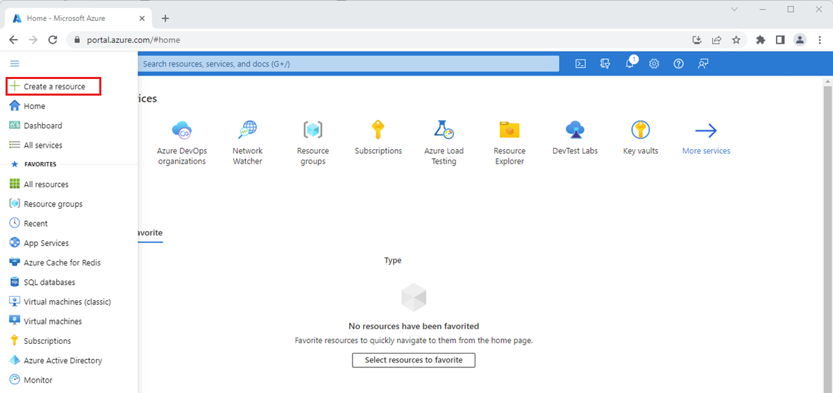 Screenshot that shows the Azure portal menu to create a new resource.