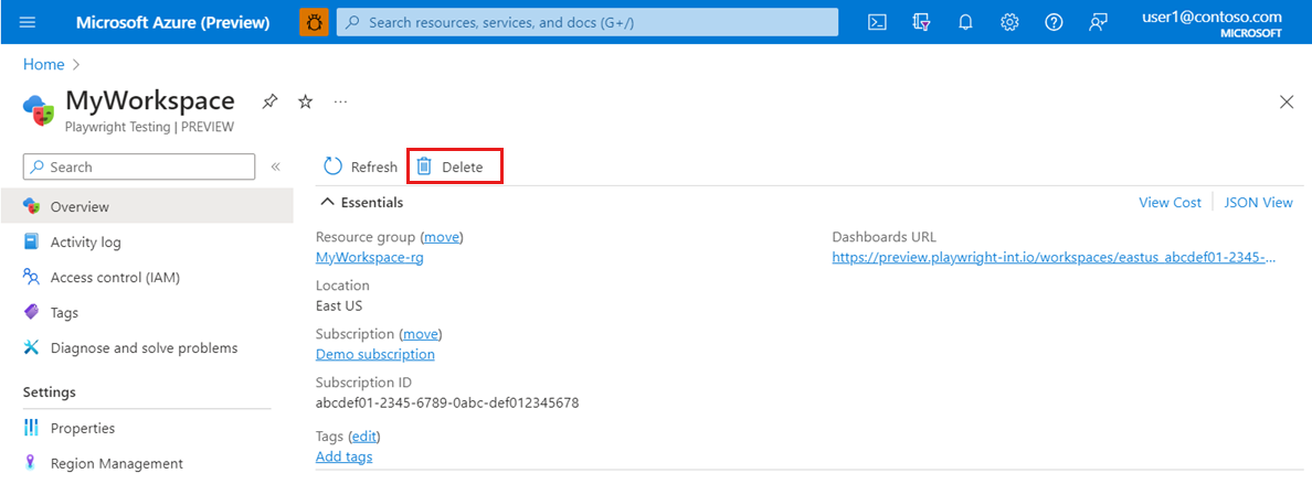 Screenshot that shows the delete workspace functionality in the Azure portal.