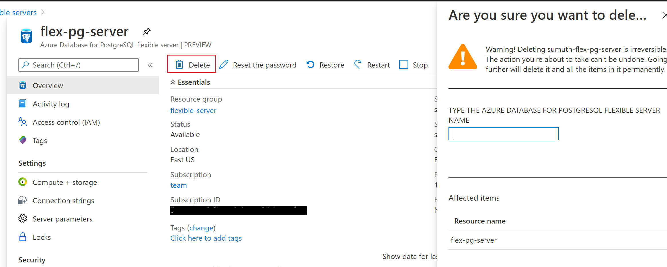 حذف قاعدة بيانات Azure لمثيل خادم PostgreSQL المرن.