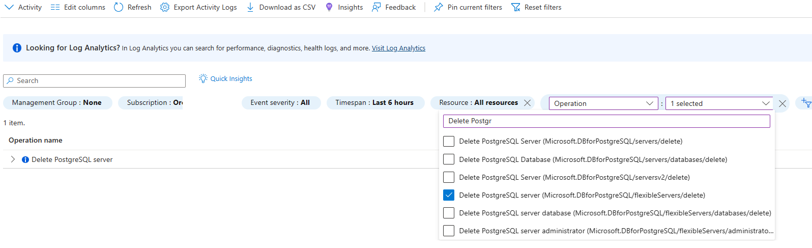 لقطة شاشة تعرض سجل النشاط الذي تمت تصفيته لحذف عملية خادم PostgreSQL.