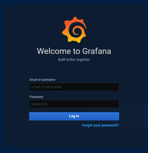 لقطة شاشة لصفحة تسجيل الدخول إلى Grafana، مع حقول اسم المستخدم وكلمة المرور.