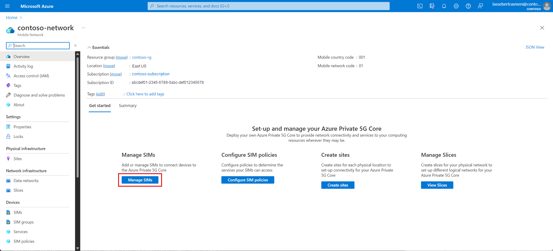 لقطة شاشة لمدخل Microsoft Azure تعرض زر عرض SIMs على مورد شبكة الجوال.