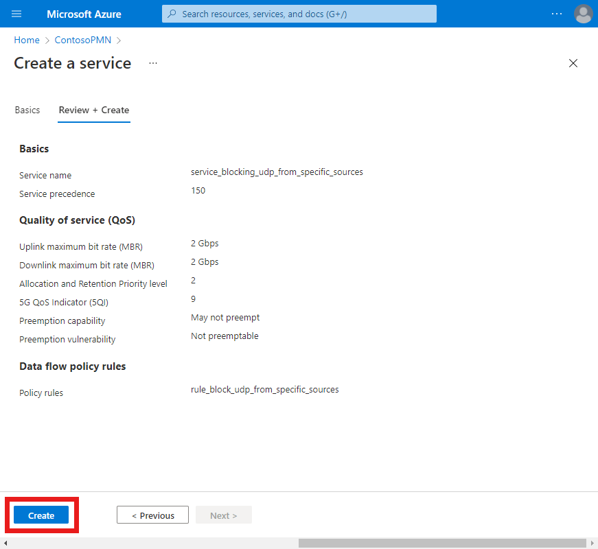 لقطة شاشة لمدخل Microsoft Azure. يعرض علامة التبويب مراجعة وإنشاء مع تكوين كامل لخدمة لحظر نسبة استخدام الشبكة.