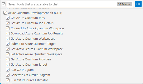 Screenshot of the list of available QDK tools for agent mode in VS Code.