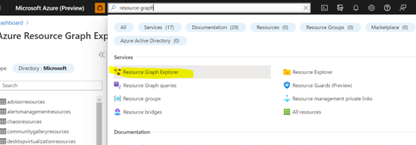 لقطة شاشة لمستكشف Azure Resource Graph في المدخل.