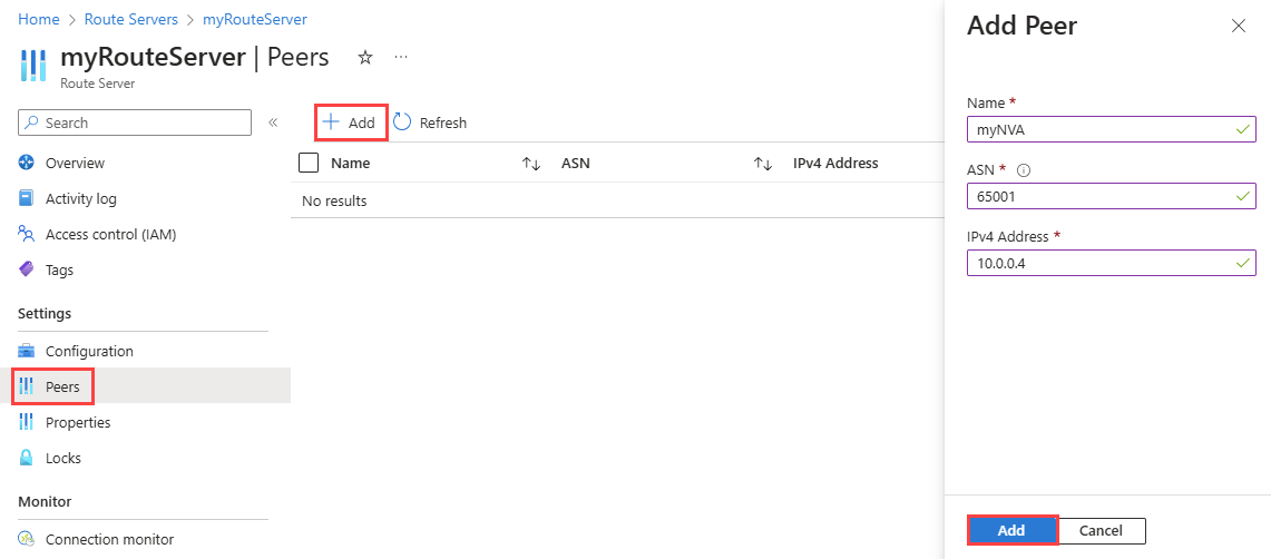 لقطة شاشة توضح كيفية إضافة NVA إلى Route Server كنظير.