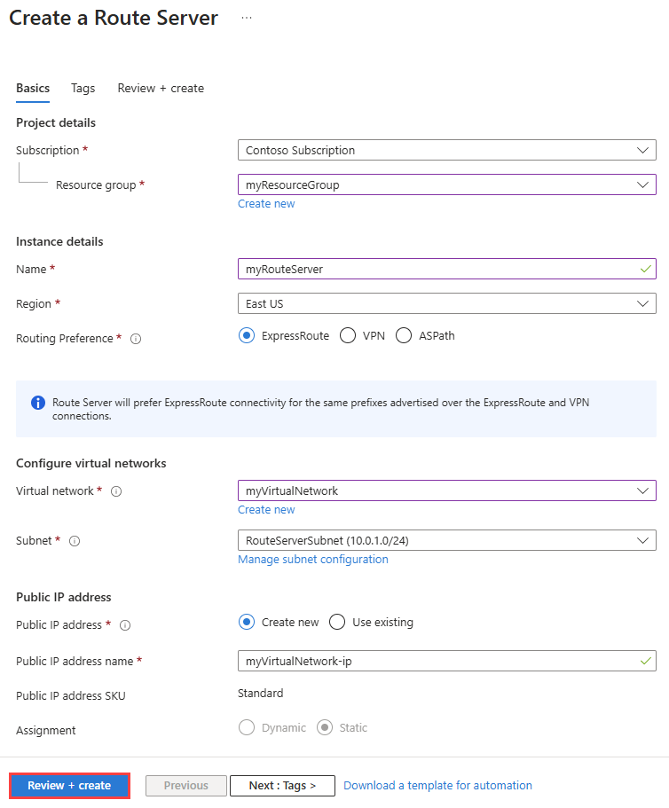 لقطة شاشة لإنشاء Route Server في مدخل Microsoft Azure.