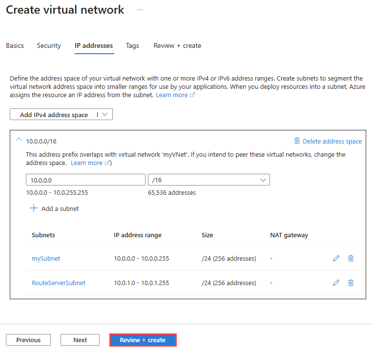 لقطة شاشة لعلامة تبويب عناوين IP لإنشاء شبكة ظاهرية في مدخل Microsoft Azure.