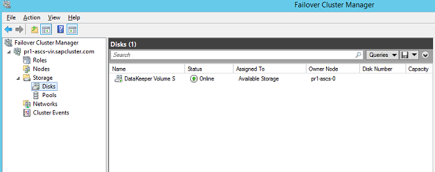 الشكل 45: يعرض Failover Cluster Manager القرص الذي نسخه DataKeeper نسخا متماثلا