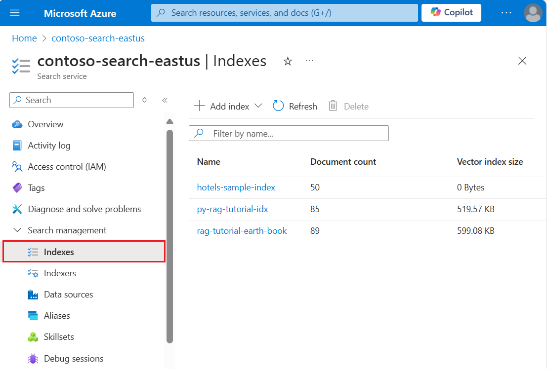 لقطة شاشة لمدخل Microsoft Azure، نظرة عامة على خدمة البحث، علامة تبويب الفهارس.