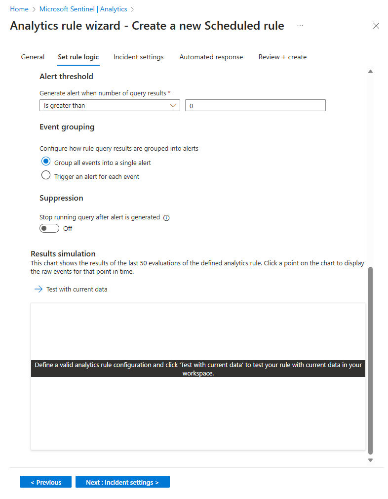لقطة شاشة للنصف الثاني من علامة تبويب منطق القاعدة المحددة في معالج قواعد التحليلات في مدخل Microsoft Azure.