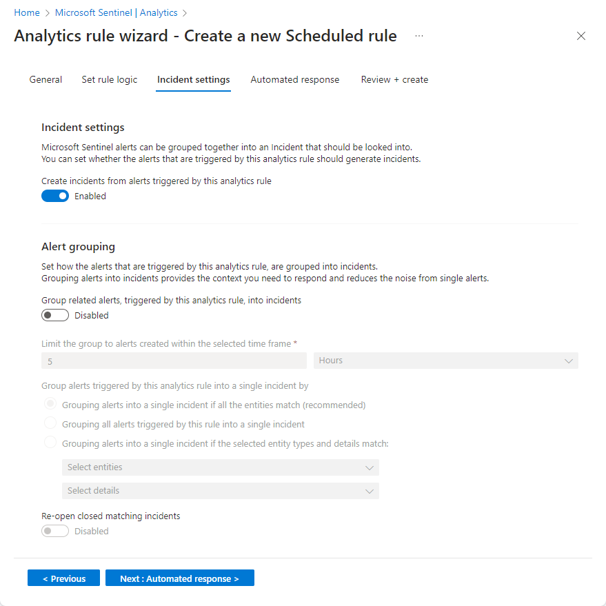 لقطة شاشة لشاشة إعدادات الحدث لمعالج قاعدة التحليلات في مدخل Microsoft Azure.
