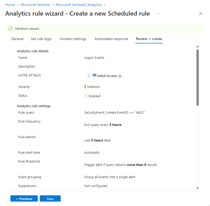 لقطة شاشة للتحقق من صحة معالج قواعد التحليلات في مدخل Microsoft Azure.