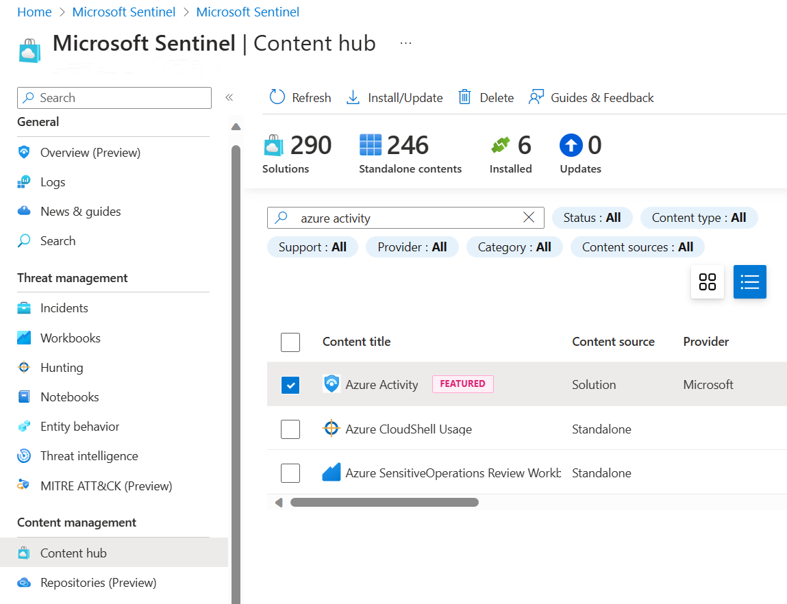 لقطة شاشة لمركز المحتوى مع تحديد حل نشاط Azure.