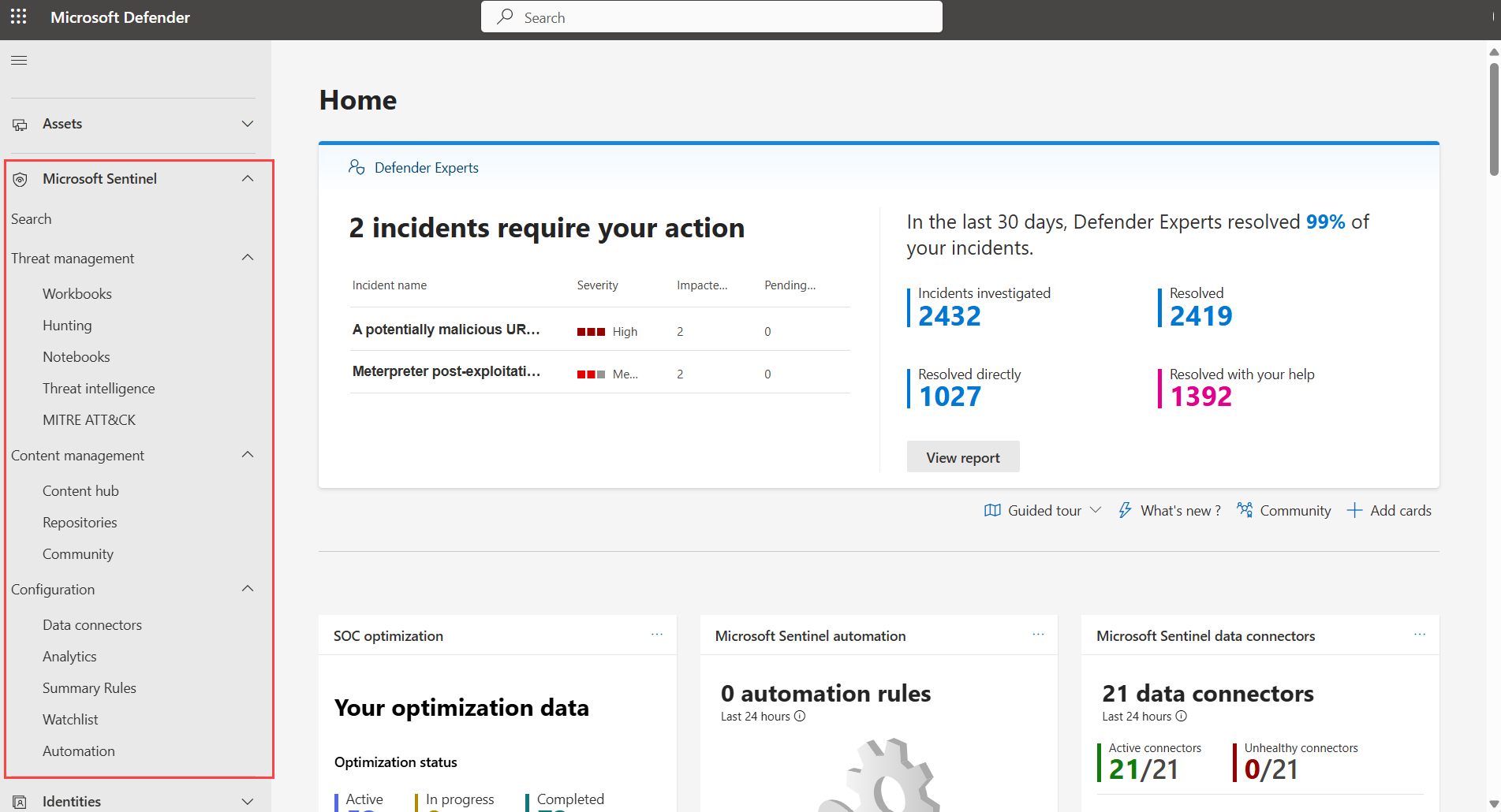 لقطة شاشة Microsoft Sentinel في مدخل Defender.