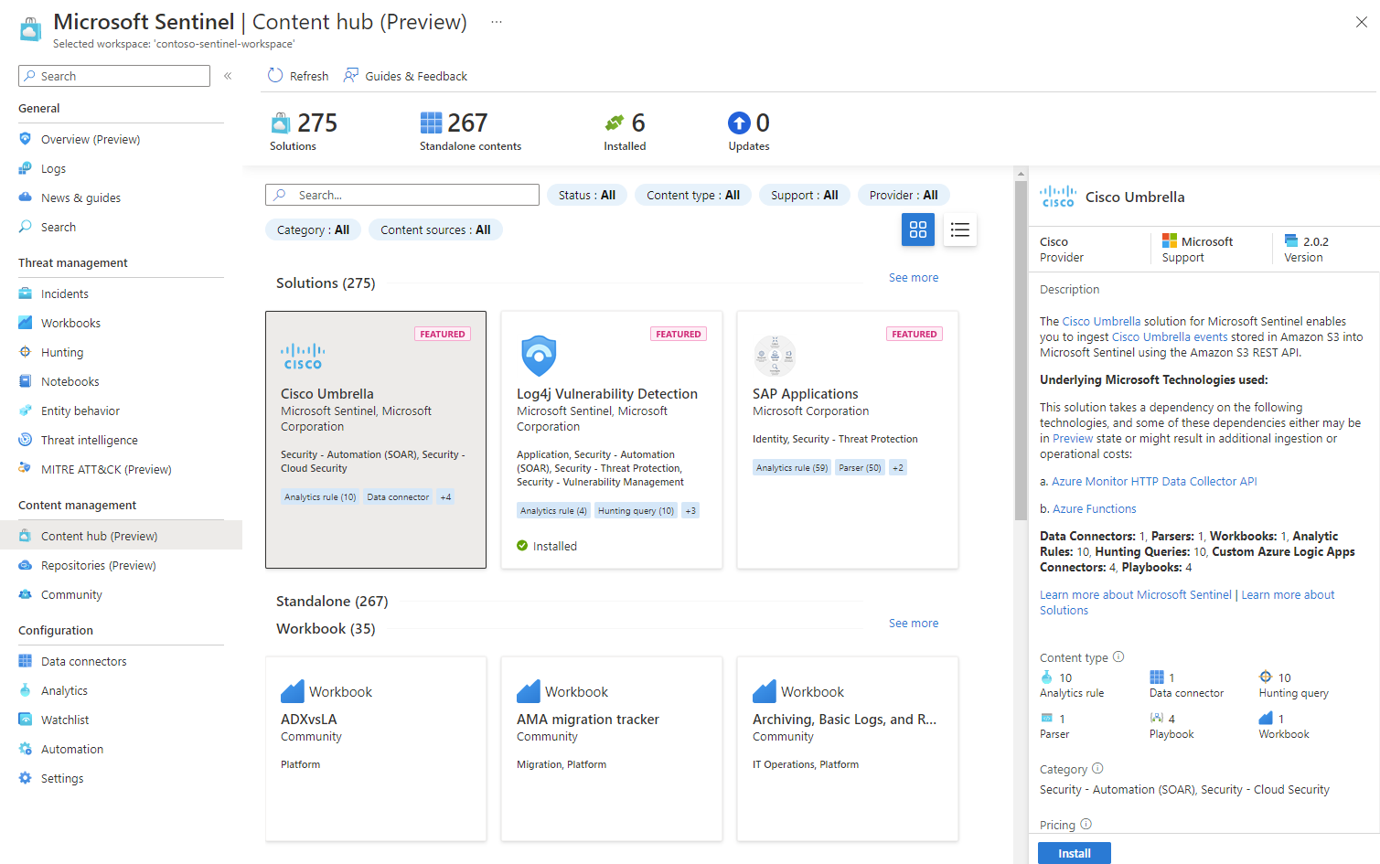 لقطة شاشة لمركز محتوى Microsoft Sentinel في مدخل Microsoft Azure.