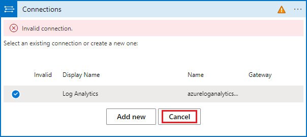 لقطة شاشة لتكوين اتصال Log Analytics غير صالح ثان.