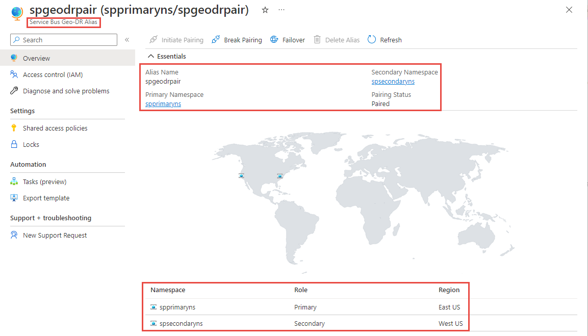 لقطة شاشة تعرض صفحة الاسم المستعار ل Geo-DR لناقل خدمة Microsoft Azure مع مساحات الأسماء الأساسية والثانوية.