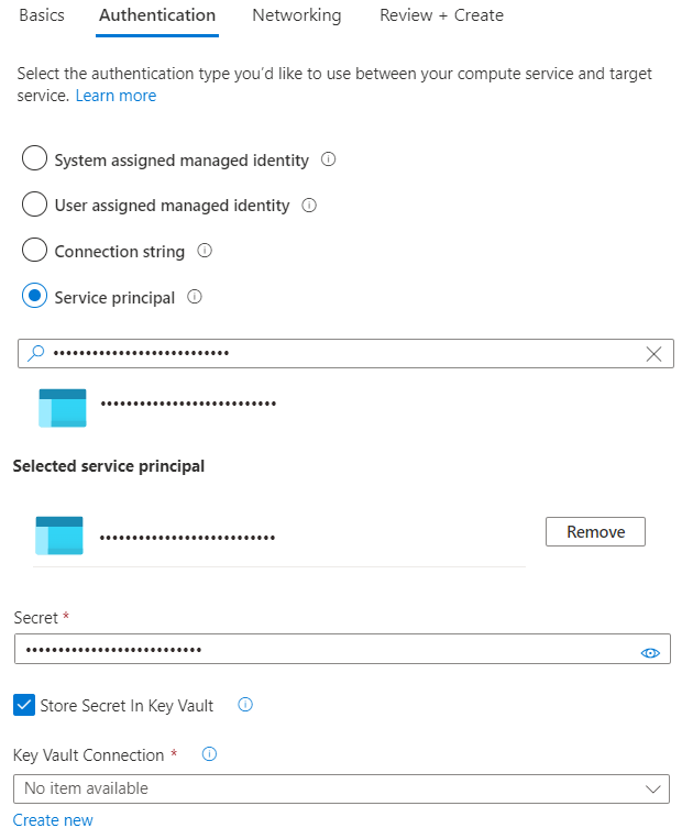 لقطة شاشة لمدخل Microsoft Azure، تعرض تكوين المصادقة الأساسي للمصادقة مع كيان الخدمة.