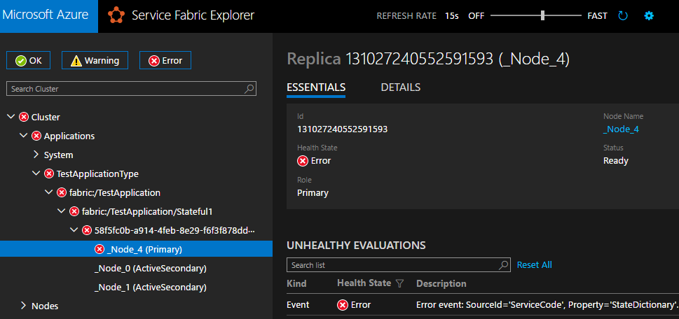 صحة النسخة المتماثلة في Service Fabric Explorer