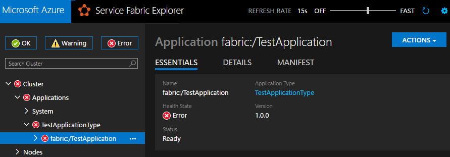 تطبيق غير صحي في Service Fabric Explorer