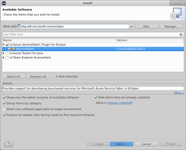 المكون الإضافي Service Fabric ل Eclipse
