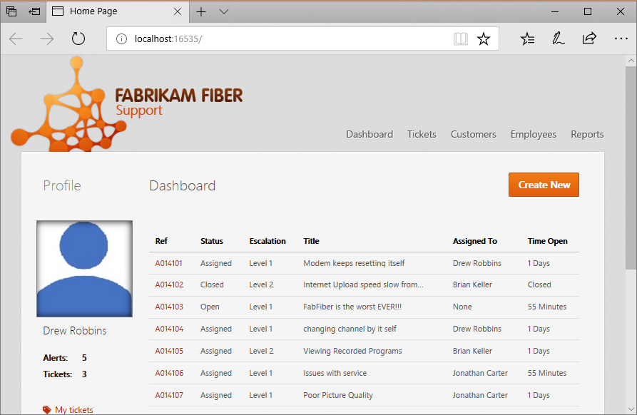 لقطة شاشة للصفحة الرئيسية لتطبيق Fabrikam Fiber CallCenter يعمل على المضيف المحلي. تعرض الصفحة لوحة معلومات مع قائمة بمكالمات الدعم.