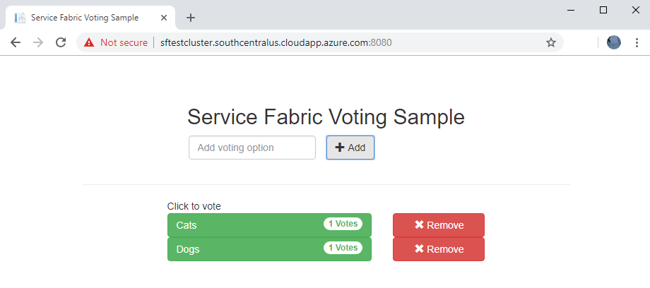 لقطة شاشة تعرض نموذج تصويت Service Fabric.
