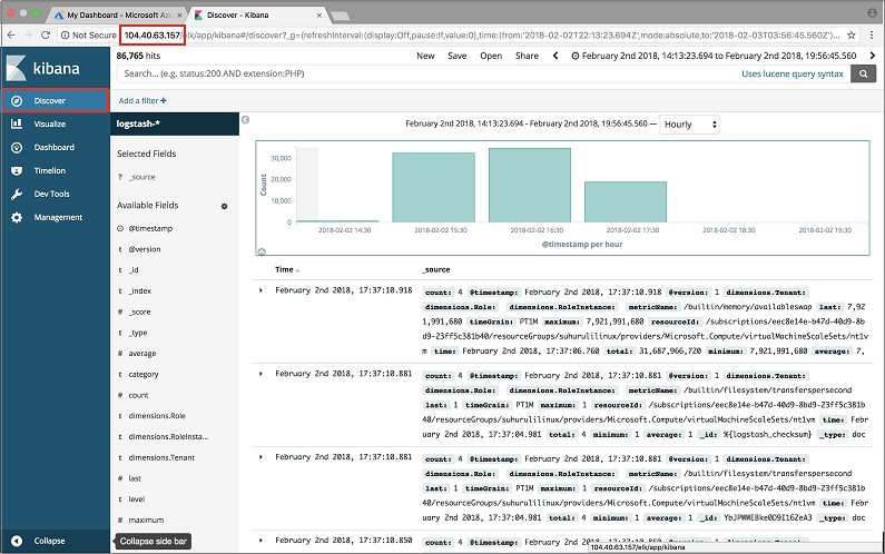 تظهر لقطة شاشة لوحة معلومات Kibana لتصور النظام الأساسي وسجلات التطبيقات.